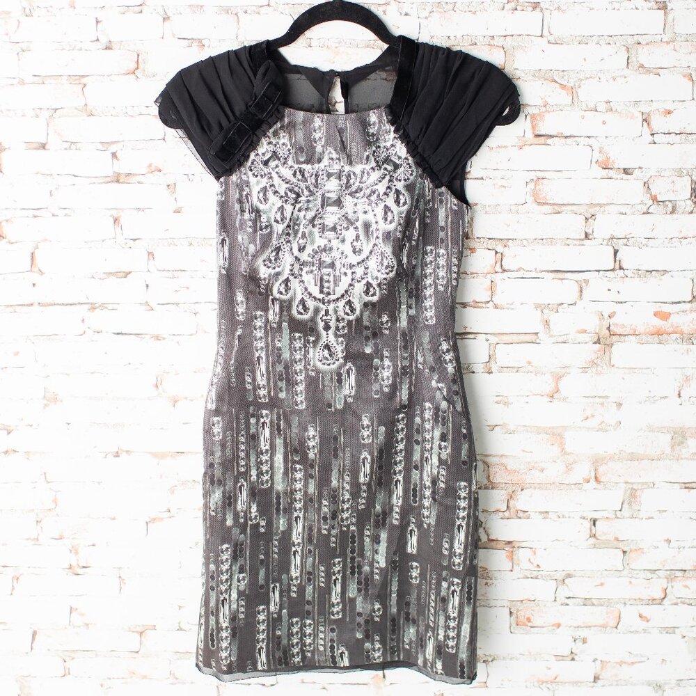 NEW Karen Millen Silk Gray Black Diamond Print Velvet Bow Cutout Mini Dress 4 - Picture 1 of 10
